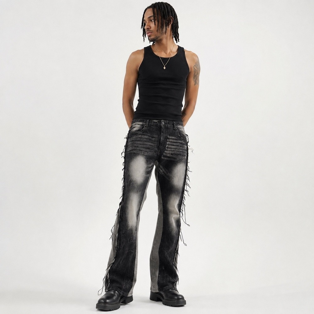 Legendary Status Mens Stacked Fit Frayed Fringe Jeans Black Wash Size 48 Stretch